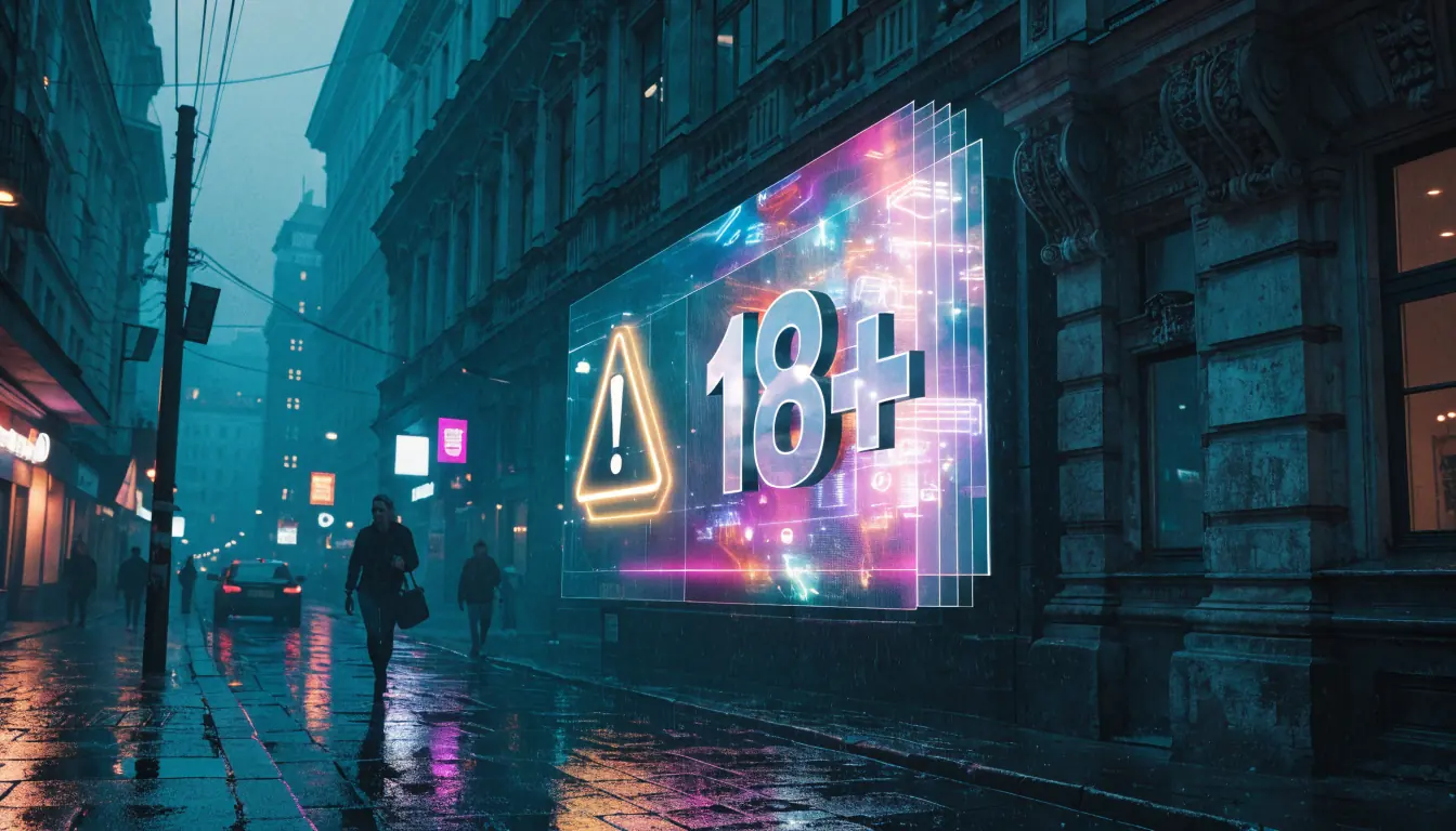 Billboard s nápisem 18+ a varovným trojúhelníkem